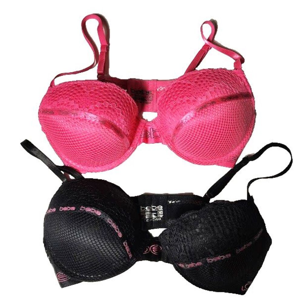 2 BeBe Underwire Push Up Bras 38c Pink Black Support Logo Lace Overlay Straps